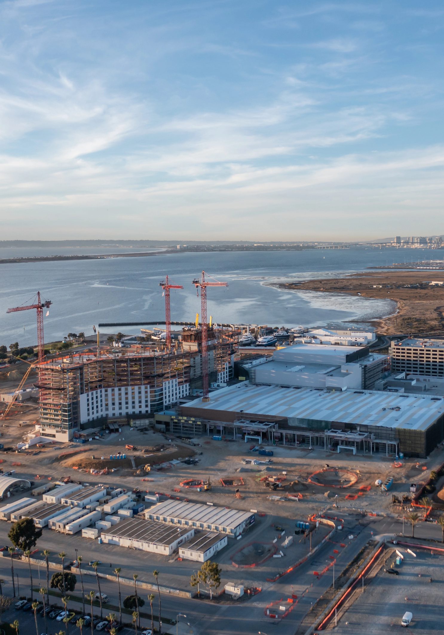 The new convention center in Chula Vista California. Chula Vista California, USA. December 20, 2024. The new Gaylord Pacific Resort and convention center being build in Chula Vista California, with San Diego skyline in the distance. Aerial drone photo.